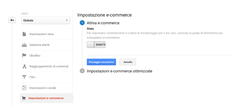 Configurazione dati e-commerce Google Analytics