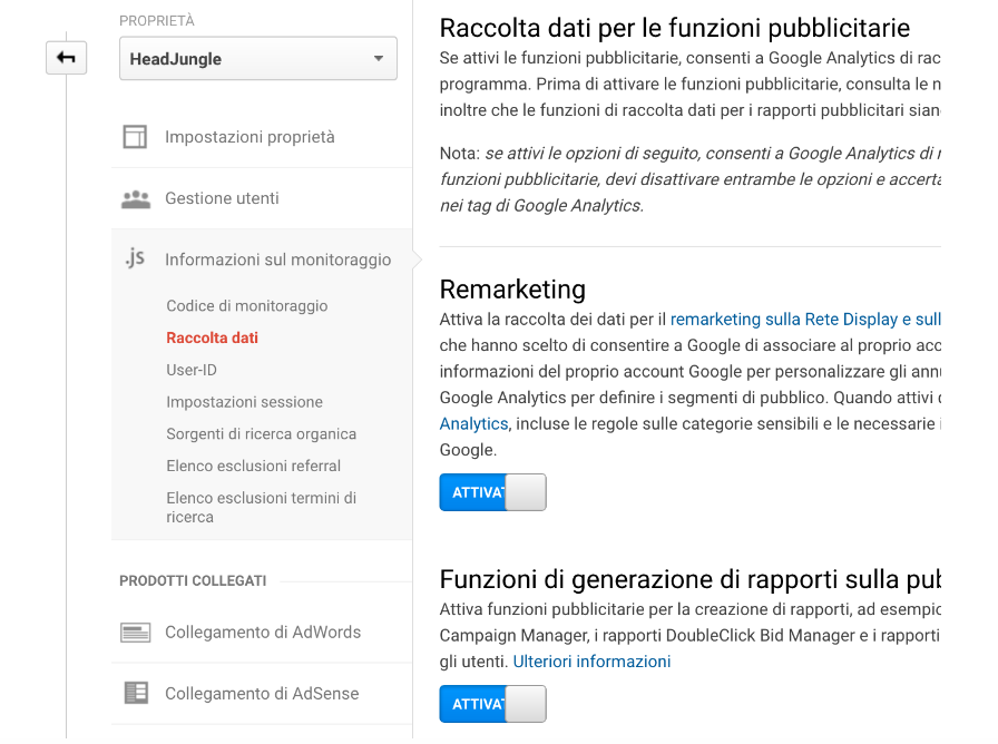 Attivazione dati remarketing Google Analytics