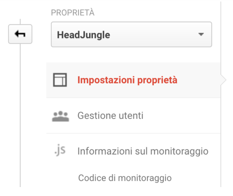 Impostazioni proprietà Google Analytics